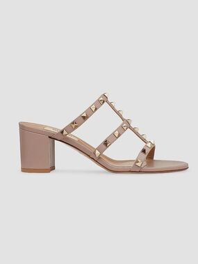 Valentino Garavani Rockstud Calfskin Leather Slide Sandals in Poudre 60MM NWOB